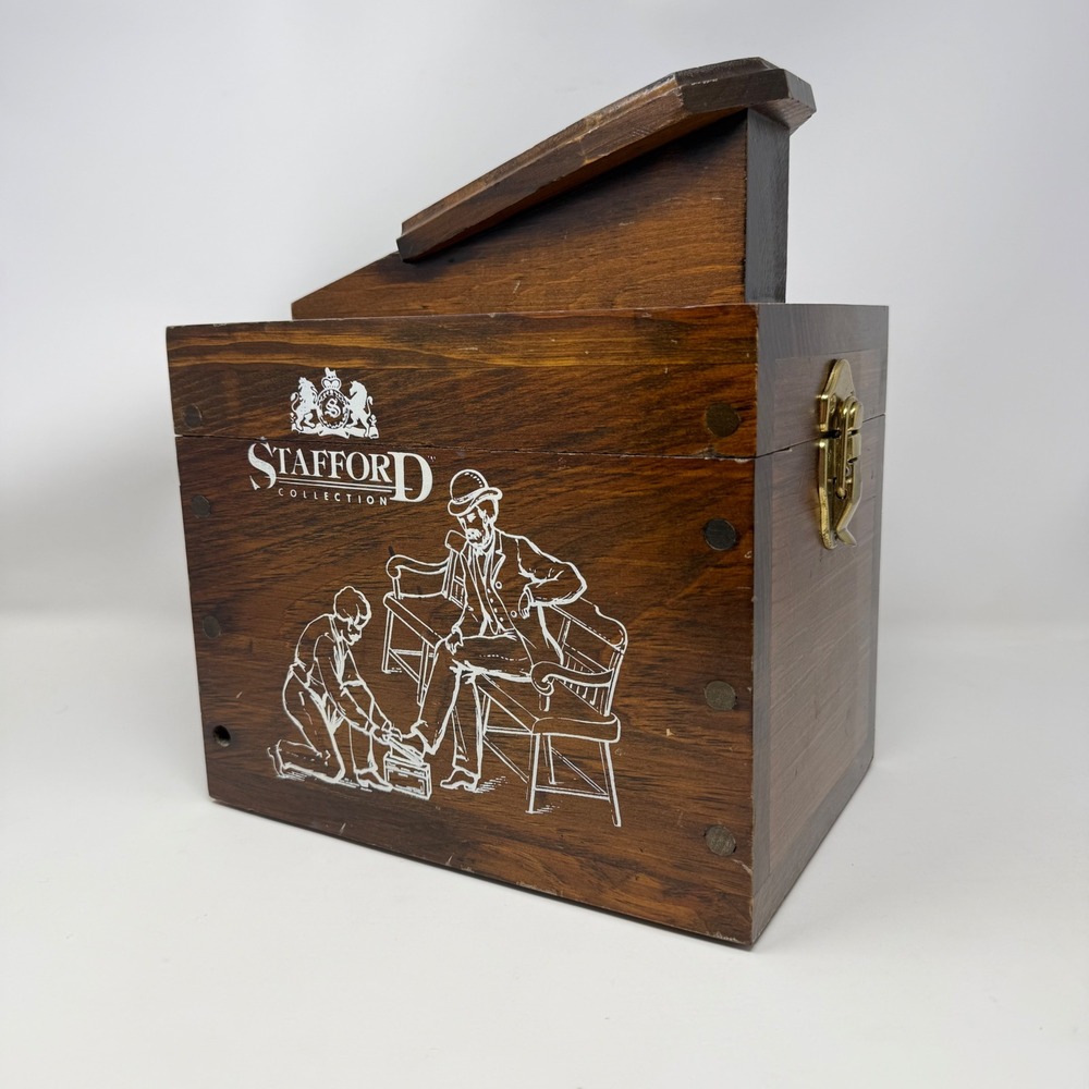 Stafford Collection Wooden Shoe Shine Valet Box Footrest Latch Dark Wood Vintage